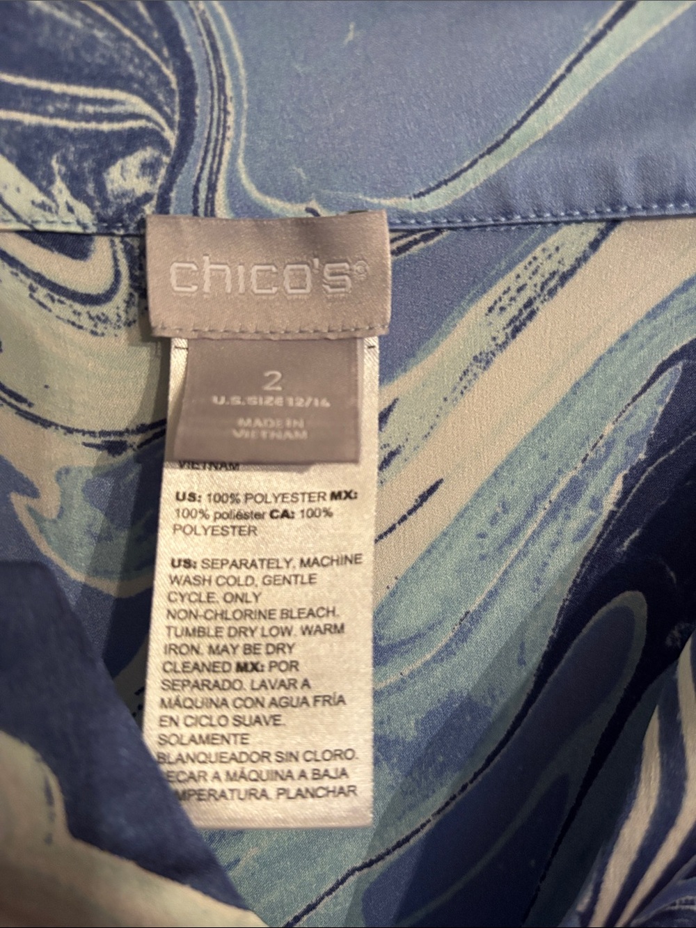 Chico's Blue Marble V-Neck Tie-Front Blouse. Chico’s size 2 ((large). - Picture 2 of 7